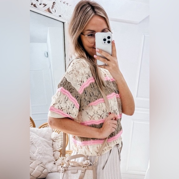 Brown Stripe Color Block Hollow Out Crochet Half Sleeve Sweater Bohemian Blouse - Picture 3 of 11